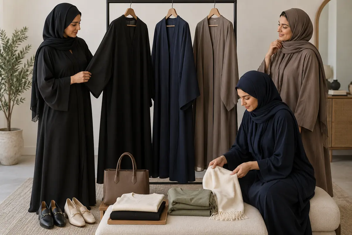 A small workwear rail combines three abayas with a few coordinating accessories