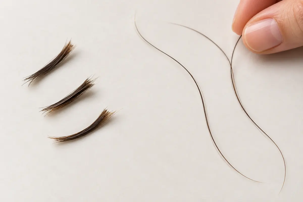 Short snapped hair fragments beside longer intact strands
