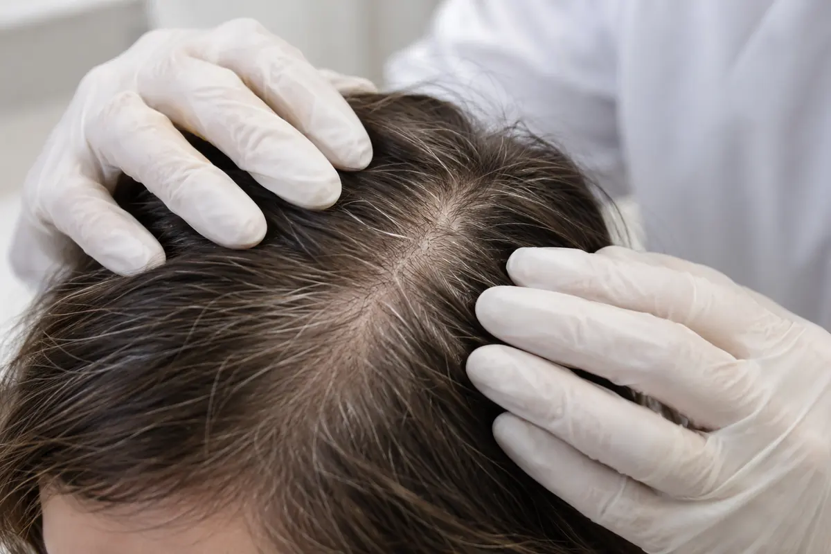 Clinician examining a parted scalp during a consultation