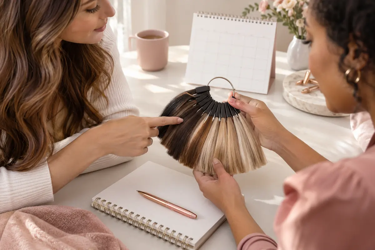 Hair colour samples and a notebook for planning maintenance