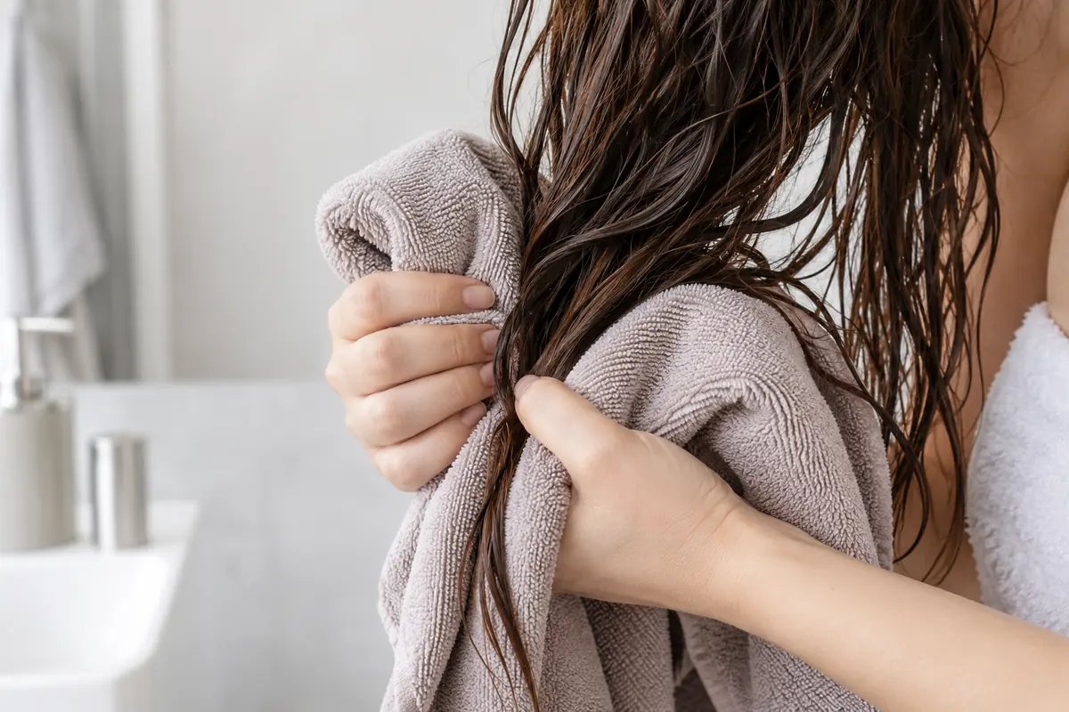 Hands pressing a soft towel against wet hair lengths
