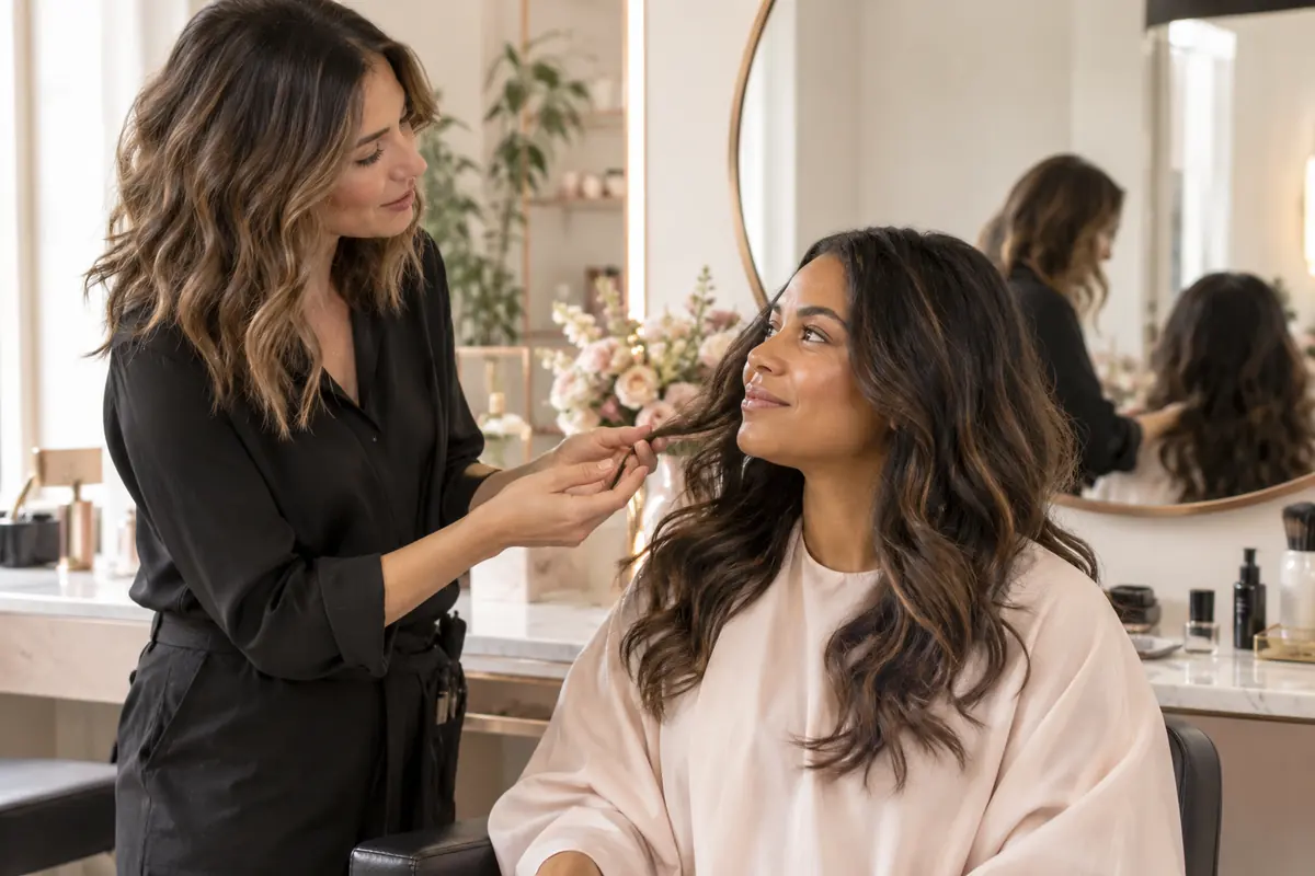 Stylist listening to an adult client beside a salon mirror