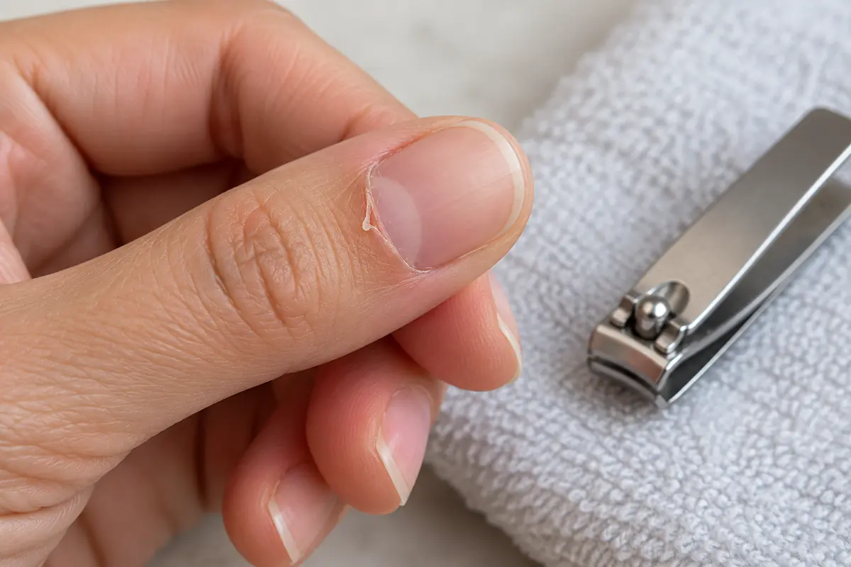 Clean clippers resting beside a hand with a loose skin flap