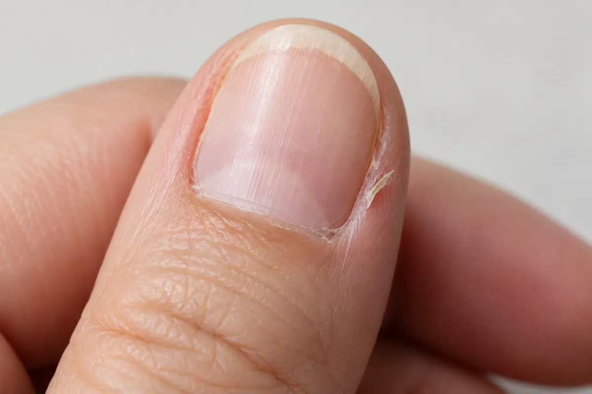 A tiny dry loose skin flap beside a fingernail