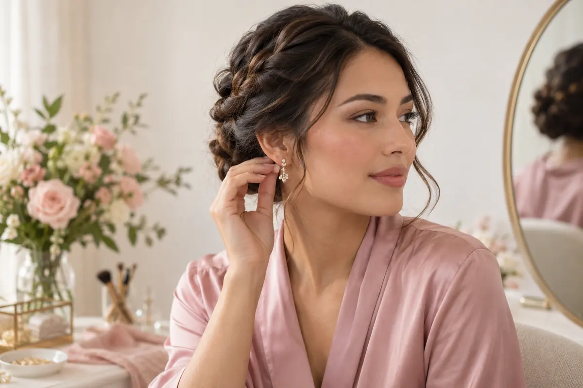 Adult woman with a festive updo and subtle earrings