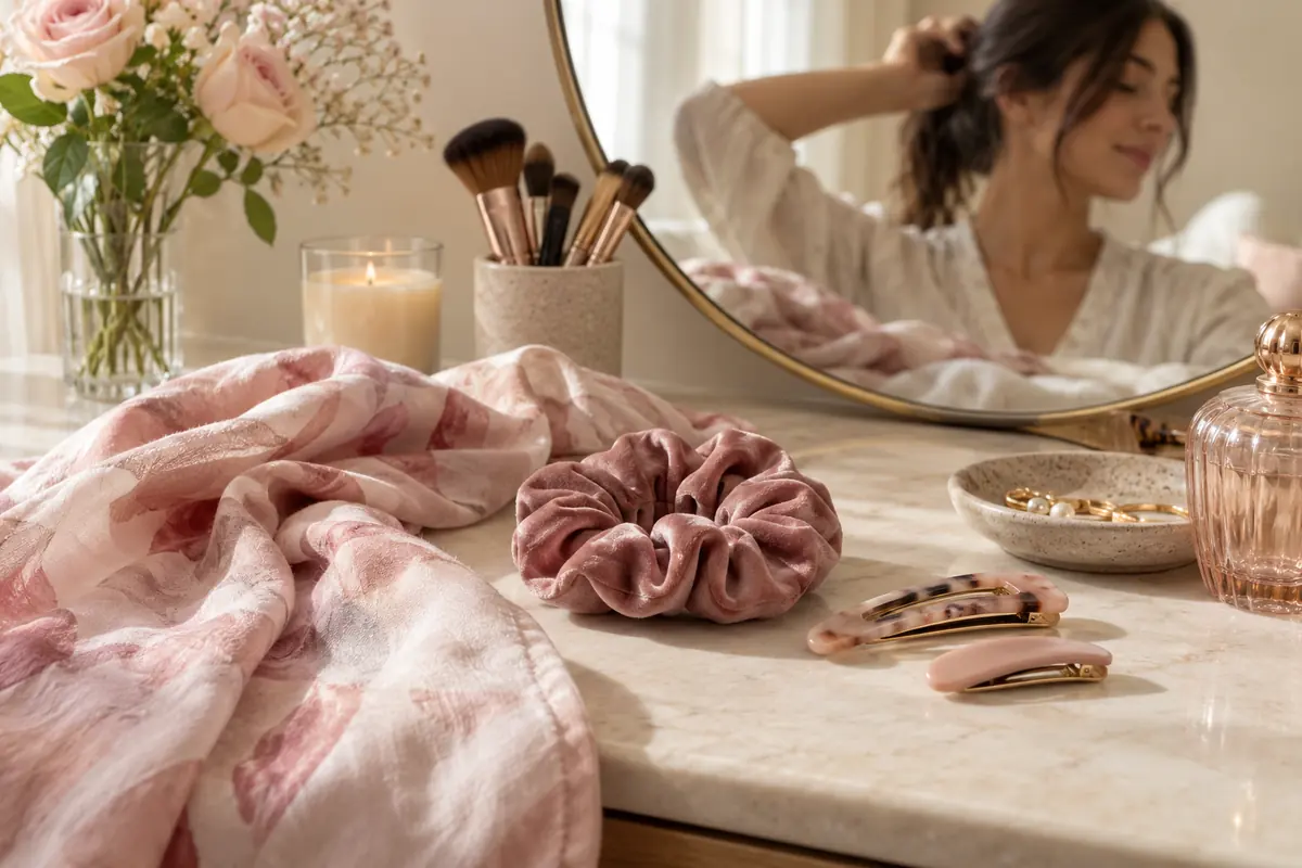 Soft scarf, fabric scrunchie and smooth hair clips on a dressing table