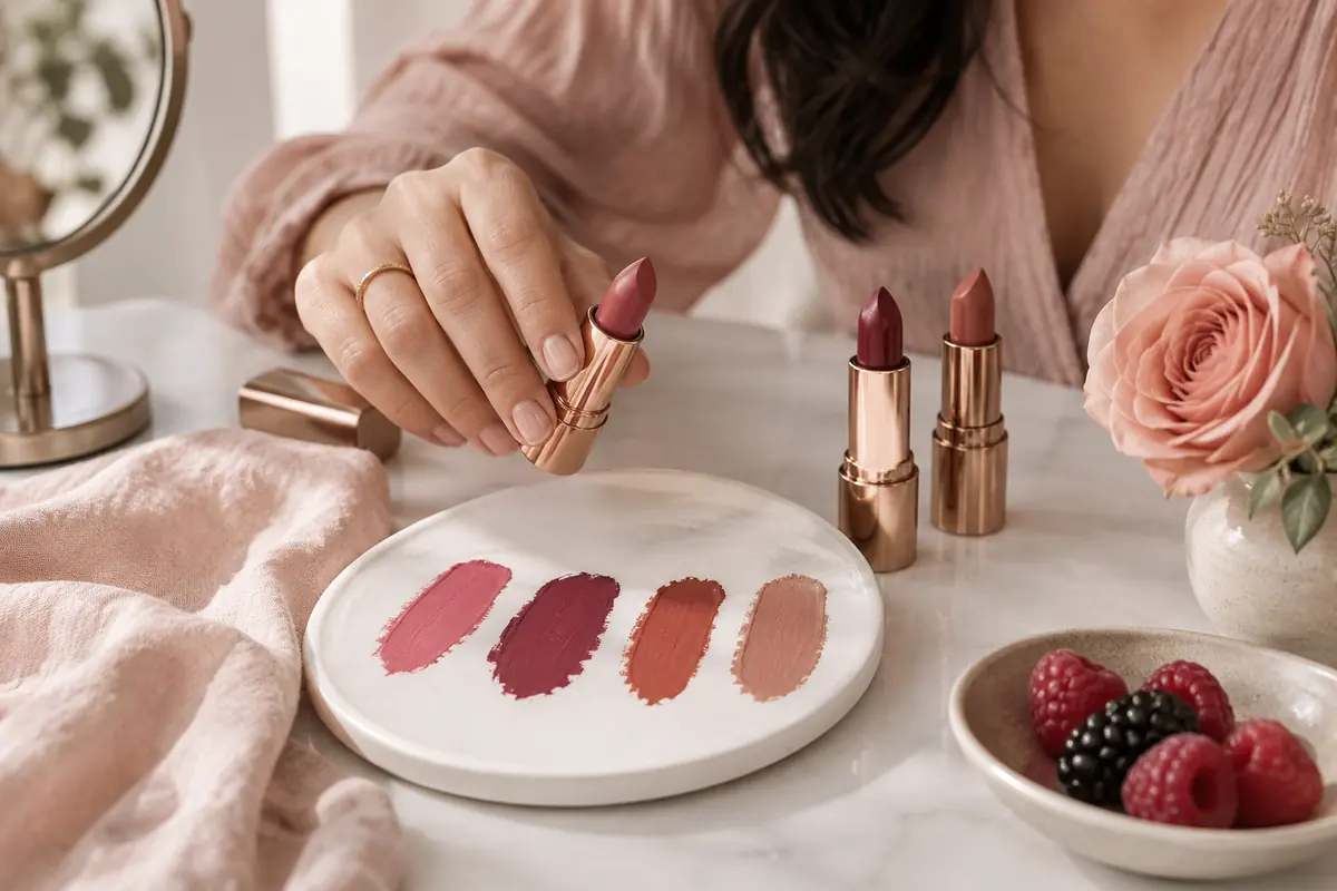 Rose, berry, terracotta and nude lipstick samples on a white palette