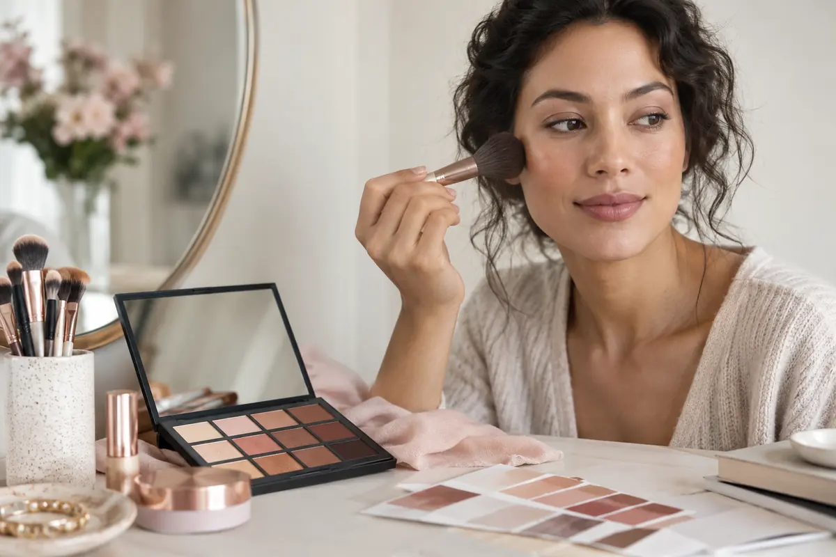 Woman considering makeup colours at a dressing table