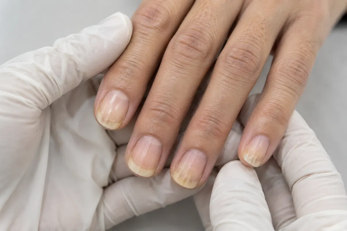 Clinician visually inspecting a natural nail