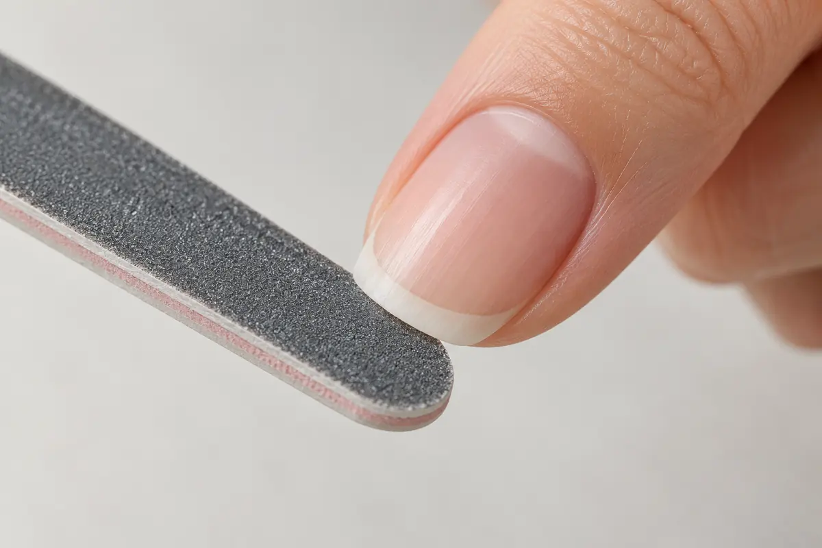 A fine nail file placed at the free edge of a short nail