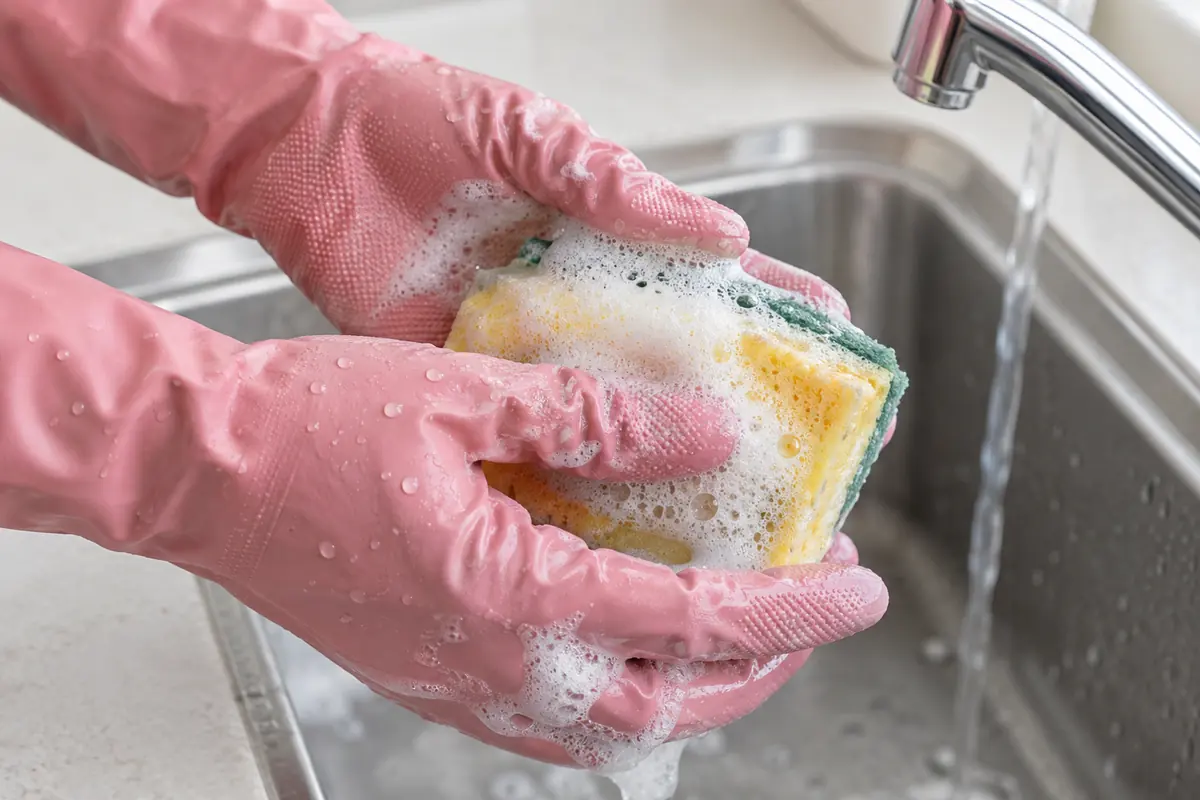 Protective gloves used for a wet household task