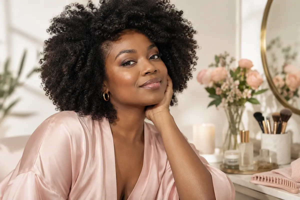Adult Black woman with a full natural coily hairstyle
