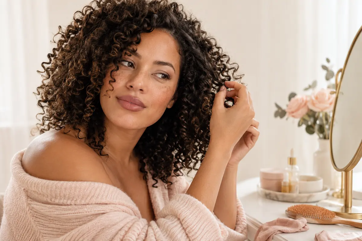 Adult woman with clearly visible natural spiral curls
