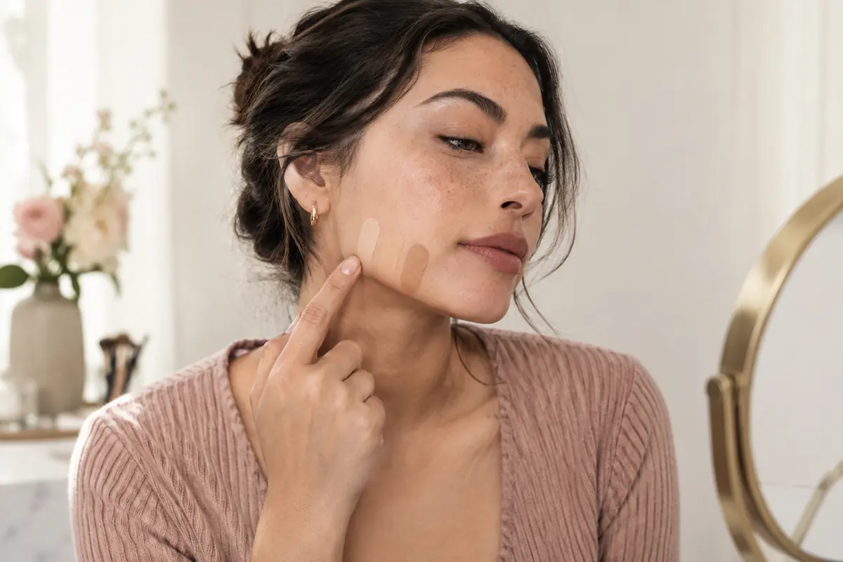Woman comparing three small foundation swatches along her jawline