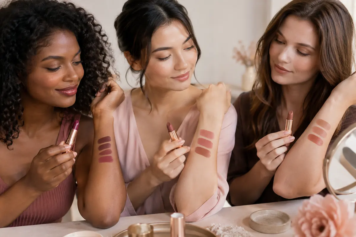 Berry, muted rose and brown nude lipstick swatches