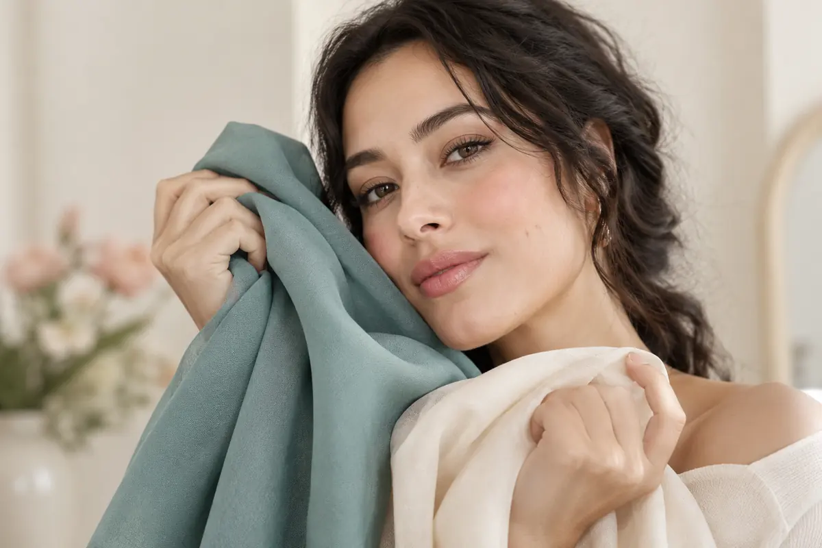 Woman holding muted teal and cream fabrics near her face