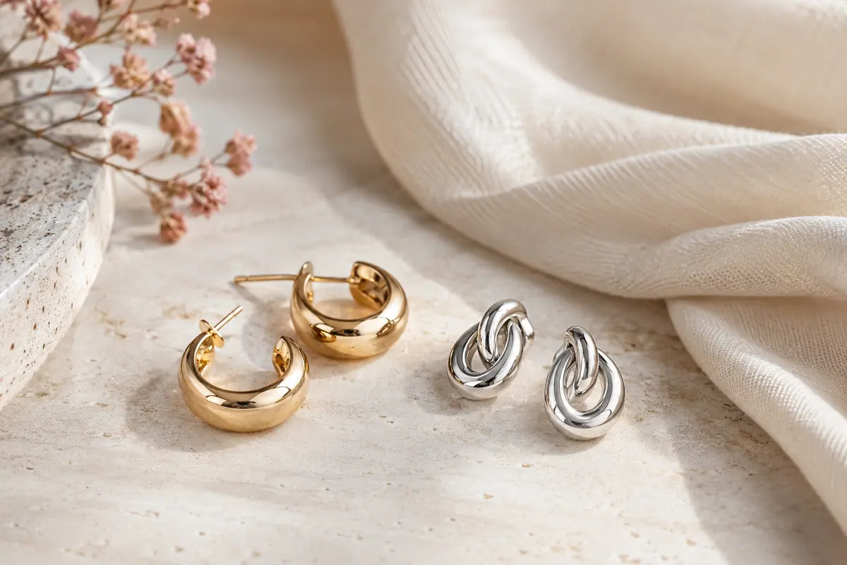 Simple gold and silver earrings beside cream fabric