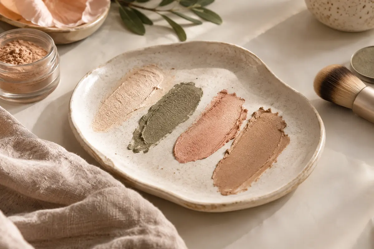 Beige, muted olive and peach makeup swatches on a ceramic palette