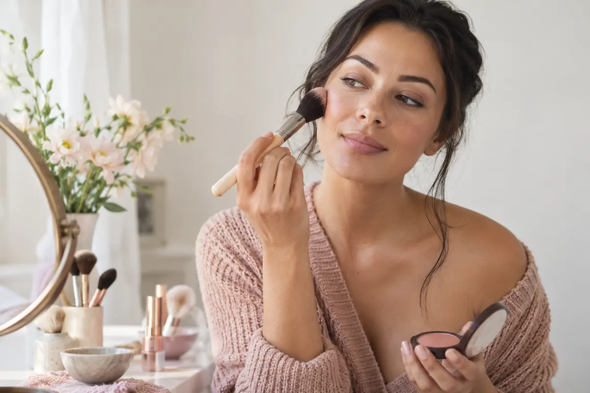 Adult woman applying makeup in neutral daylight