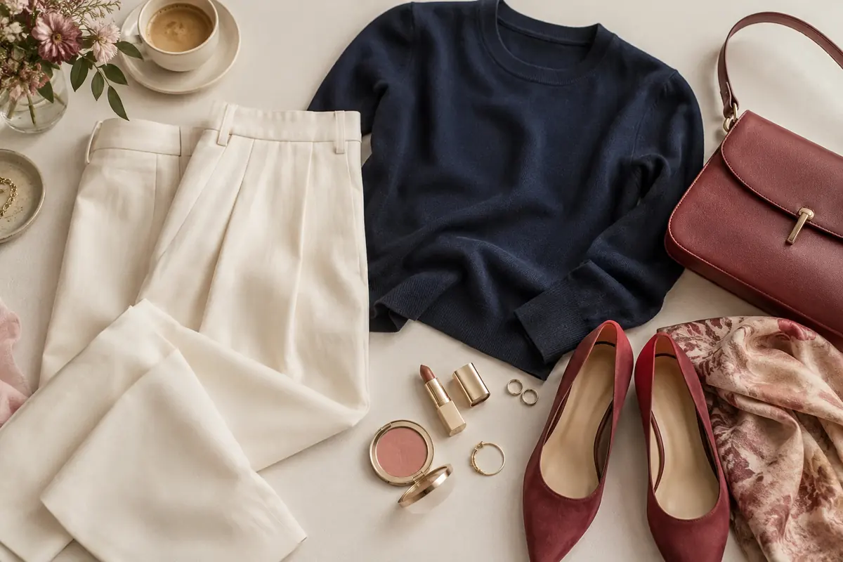 Cream trousers, navy top and muted red accessories in an outfit flat lay