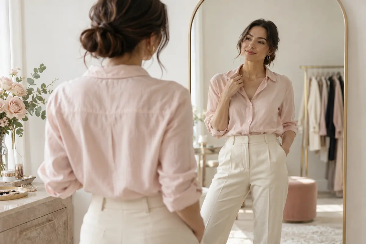 Adult woman considering a tucked shirt and straight trousers at a mirror
