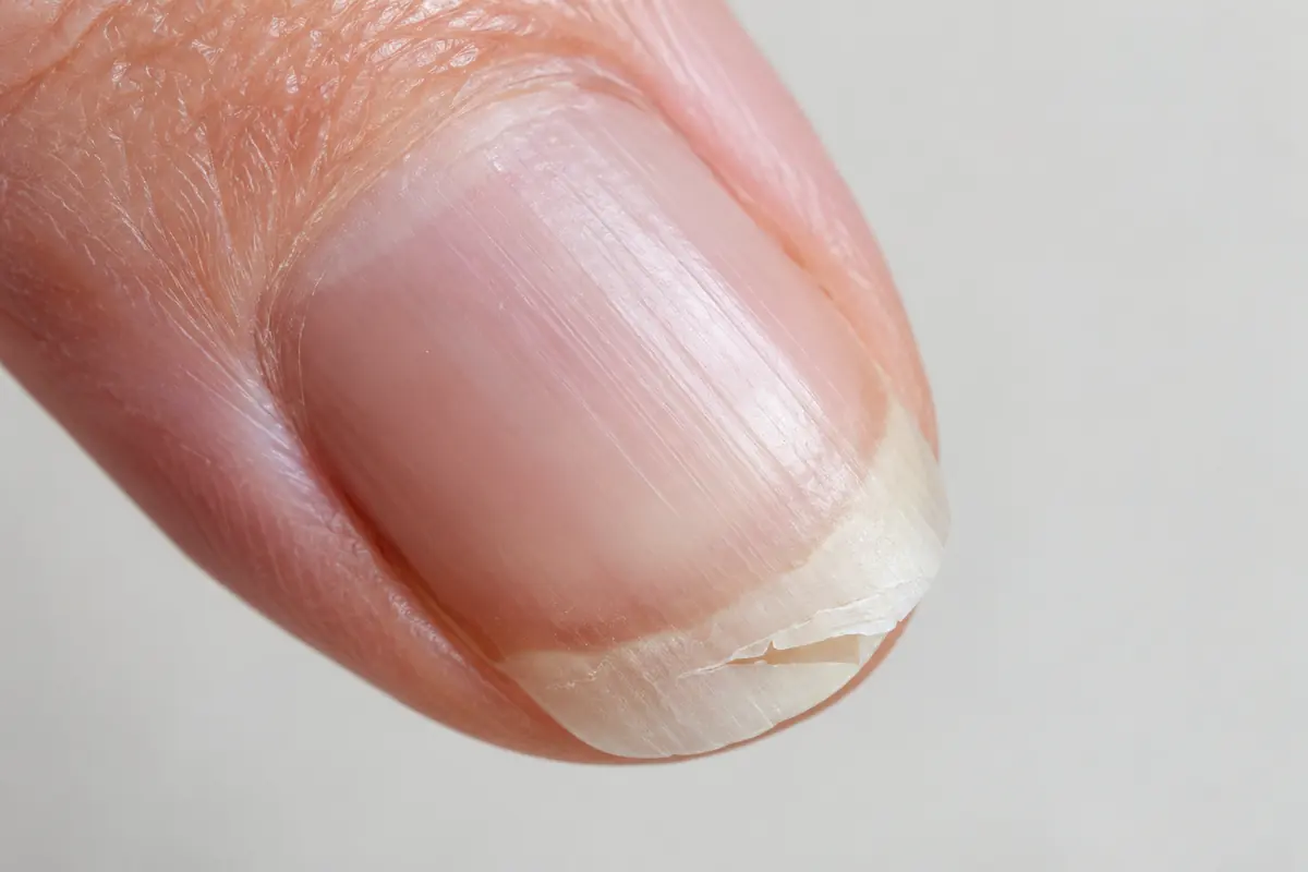 A natural nail with a small peeling layer at its free edge