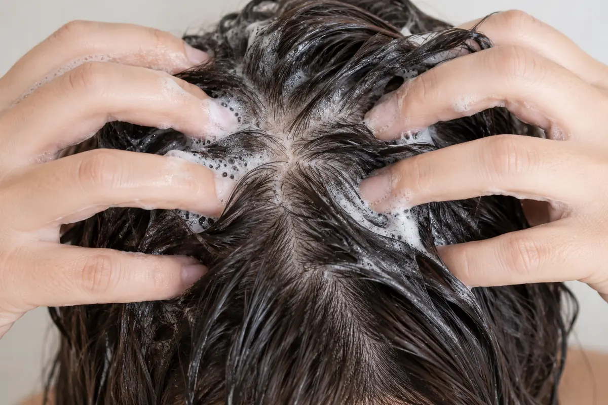 Shampoo lather placed near the hair roots