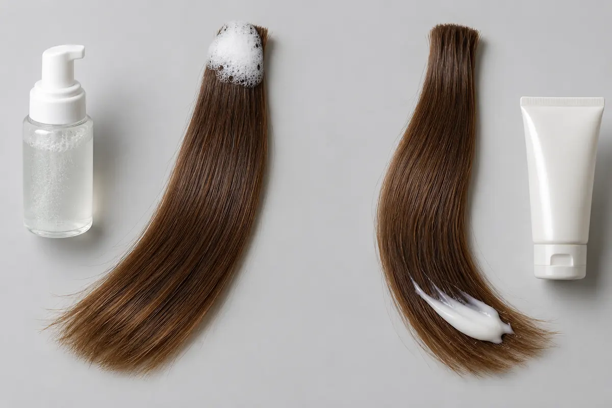 Two detached hair samples show foam at the upper end and conditioner near the lower ends