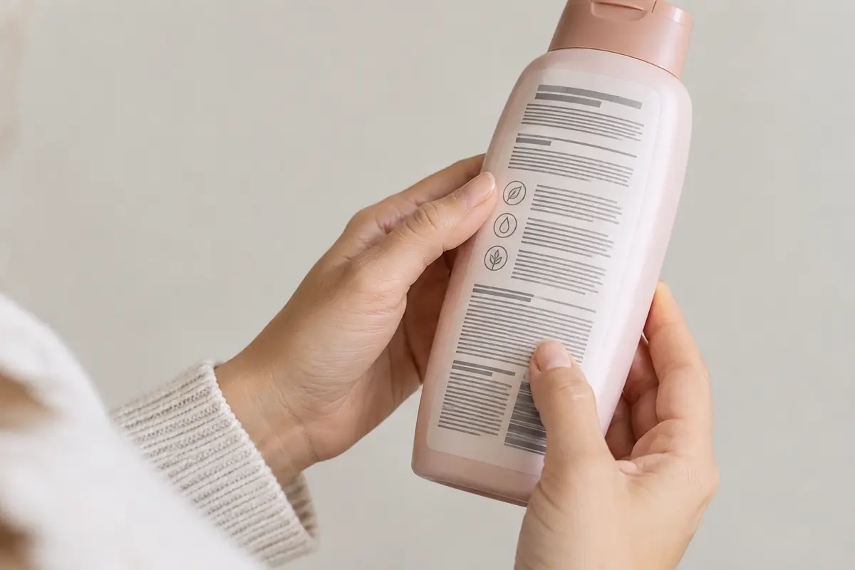 Adult hands reading a shampoo bottle before use