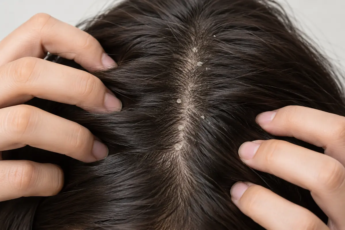 Small pale flakes among parted dark hair