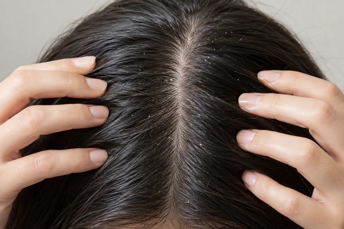 Illustrative scalp flakes with a little shine near the roots