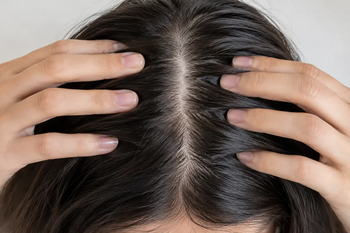 Parted hair showing the scalp for an observation record