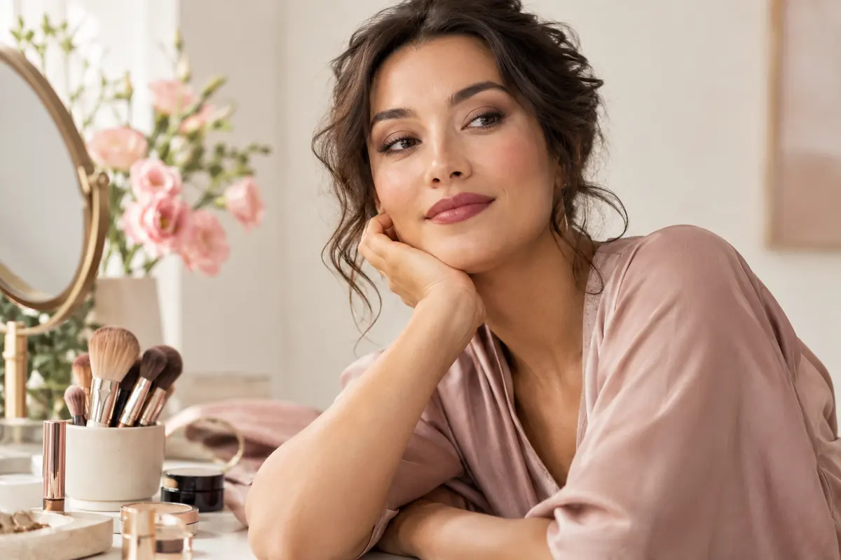 Adult woman wearing softly blended neutral eye makeup and rose lips