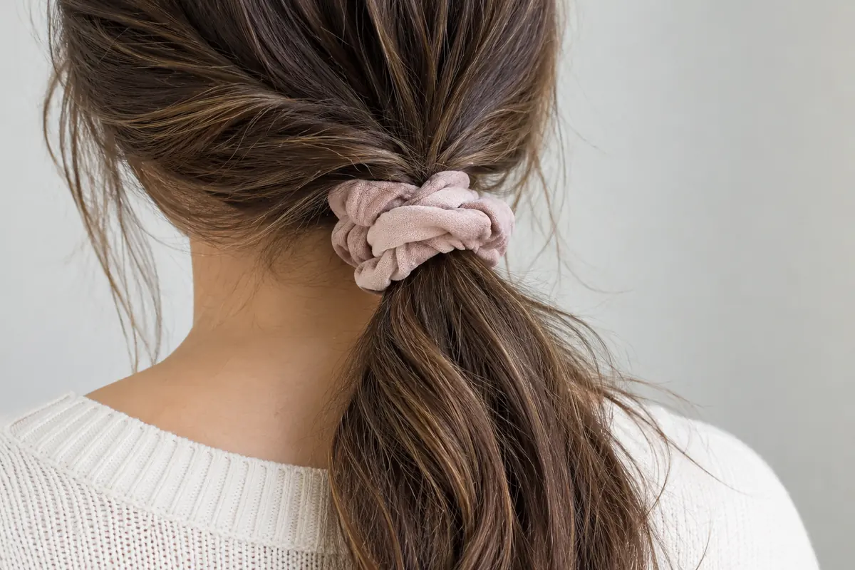 A loose fabric hair tie around a relaxed ponytail