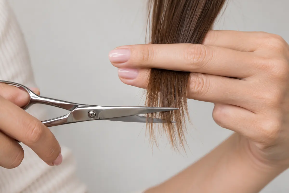 Stylist trimming the tips of a supported hair section