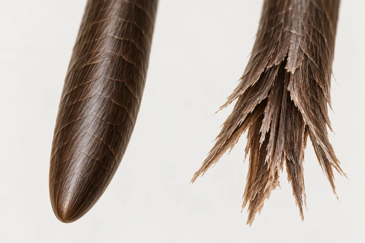 An intact hair tip beside a frayed tip in a simplified comparison