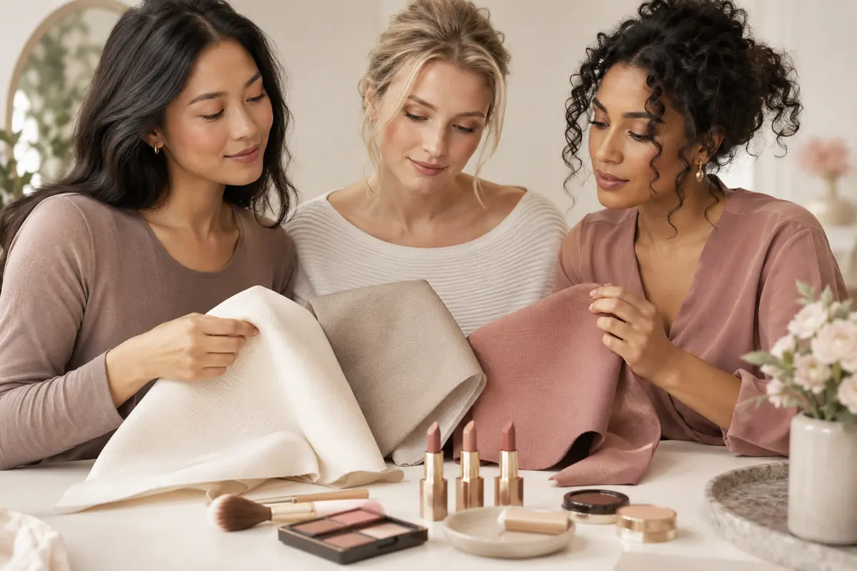 Three neutral fabrics and unbranded makeup samples for colour comparison