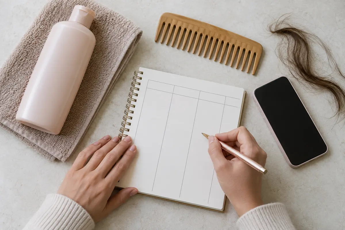 Preparing a wash-routine record in a blank table notebook beside a comb and phone