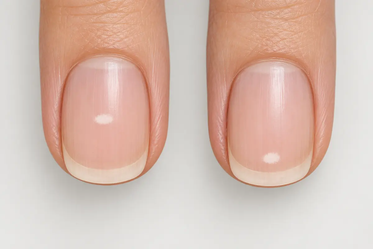 A white mark shown at different positions along a nail