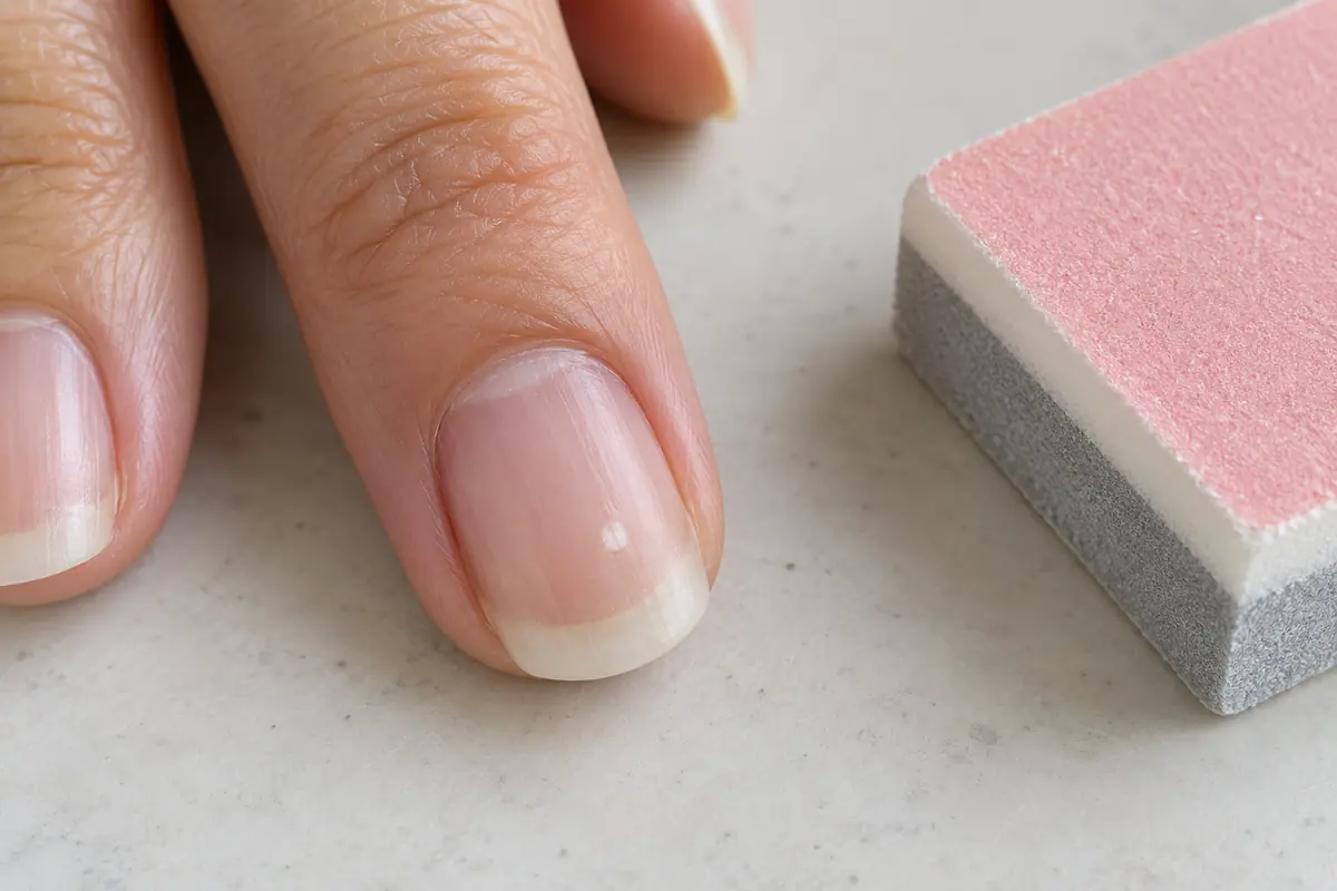A nail buffer resting unused beside a marked nail